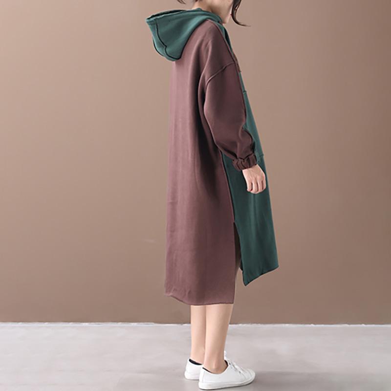 Warm Fabric Stitching Casual Hooded Dress