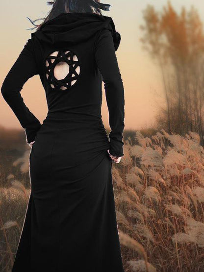 Hooded Backless Long Sleeved  Maxi Forest Dress