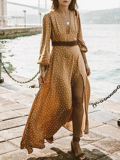 Pretty Bohemia Polka-dot V Neck Maxi Dress