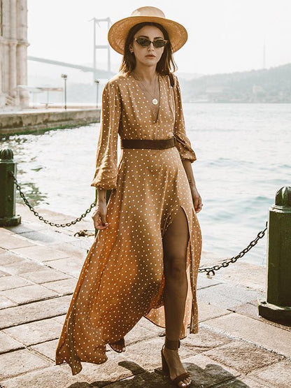 Pretty Bohemia Polka-dot V Neck Maxi Dress