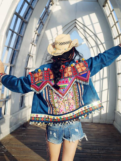 Beautiful Blue Embroidered Stand Collar National Style Jacket Tops
