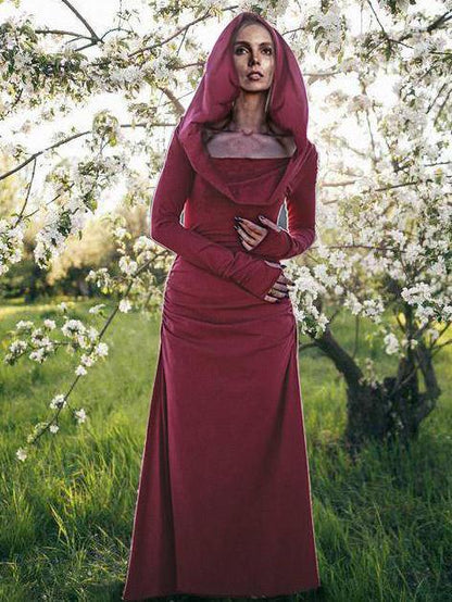 Hooded Backless Long Sleeved  Maxi Forest Dress
