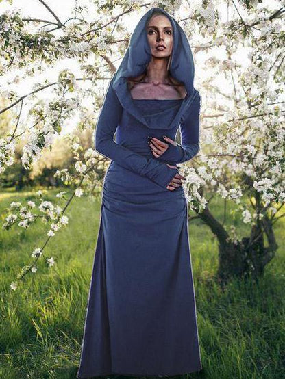 Hooded Backless Long Sleeved  Maxi Forest Dress