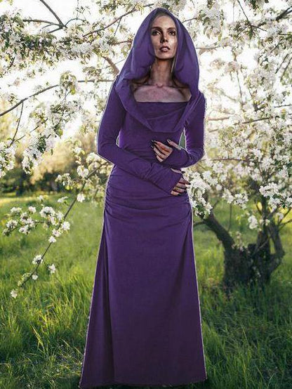 Hooded Backless Long Sleeved  Maxi Forest Dress