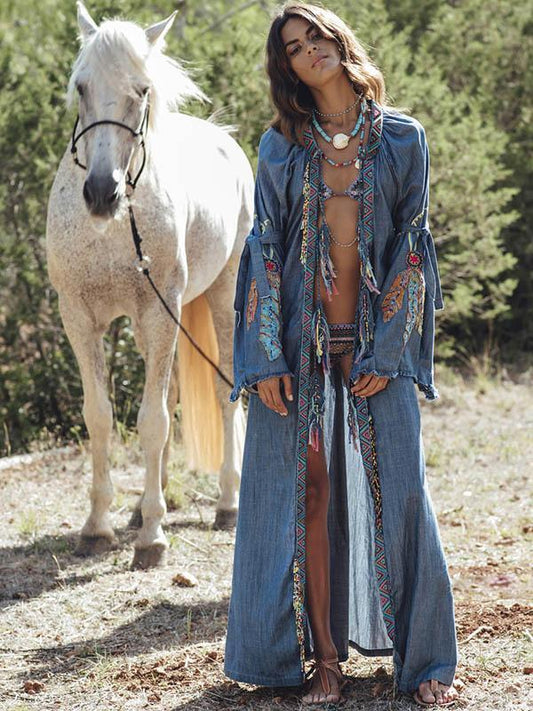 Embroidered Split-joint Denim Outwear