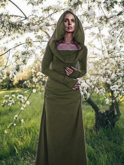 Hooded Backless Long Sleeved  Maxi Forest Dress