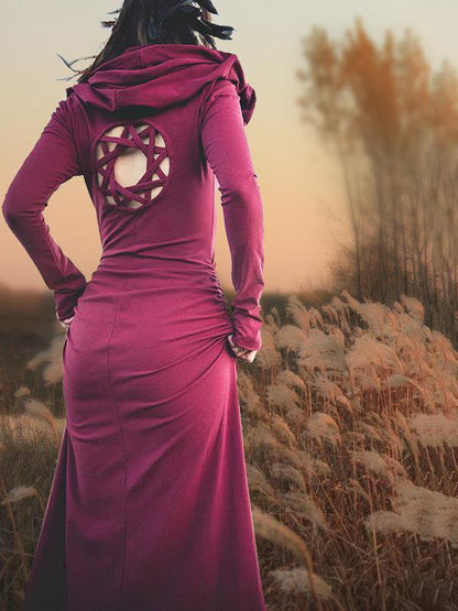 Hooded Backless Long Sleeved  Maxi Forest Dress