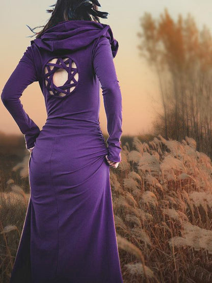 Hooded Backless Long Sleeved  Maxi Forest Dress