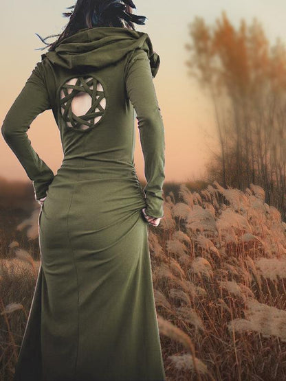 Hooded Backless Long Sleeved  Maxi Forest Dress