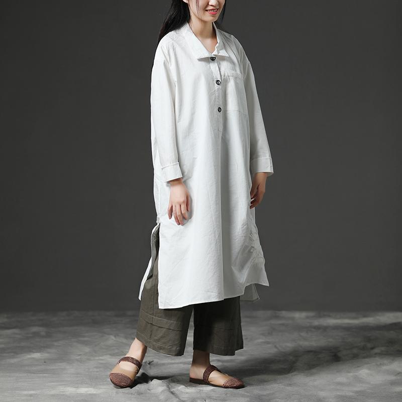 White Long Sleeve Cotton Casual Shirt Dress