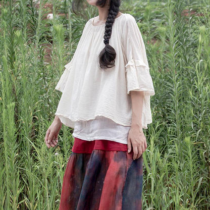 White Loose Cotton Women Summer Pullover Blouse