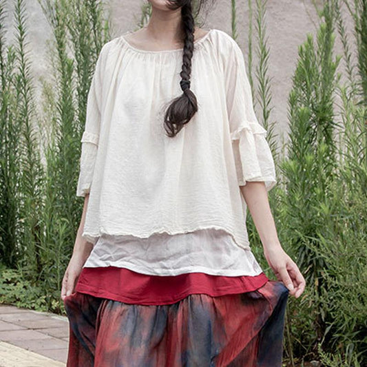 White Loose Cotton Women Summer Pullover Blouse