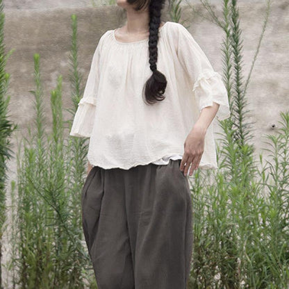 White Loose Cotton Women Summer Pullover Blouse