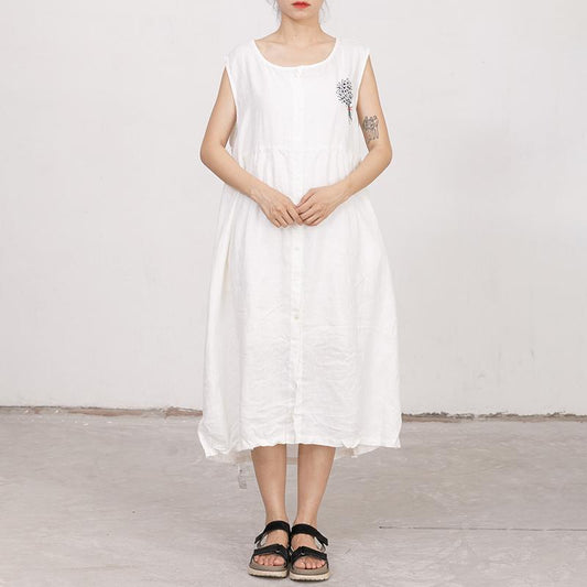 White Summer Sleeveless Embroidered Linen Dress