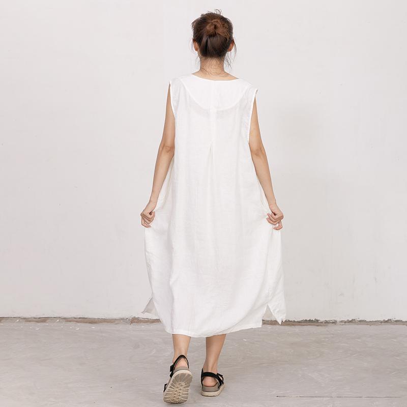 White Summer Sleeveless Embroidered Linen Dress
