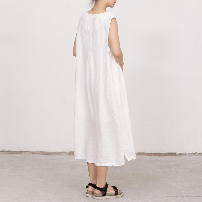 White Summer Sleeveless Embroidered Linen Dress
