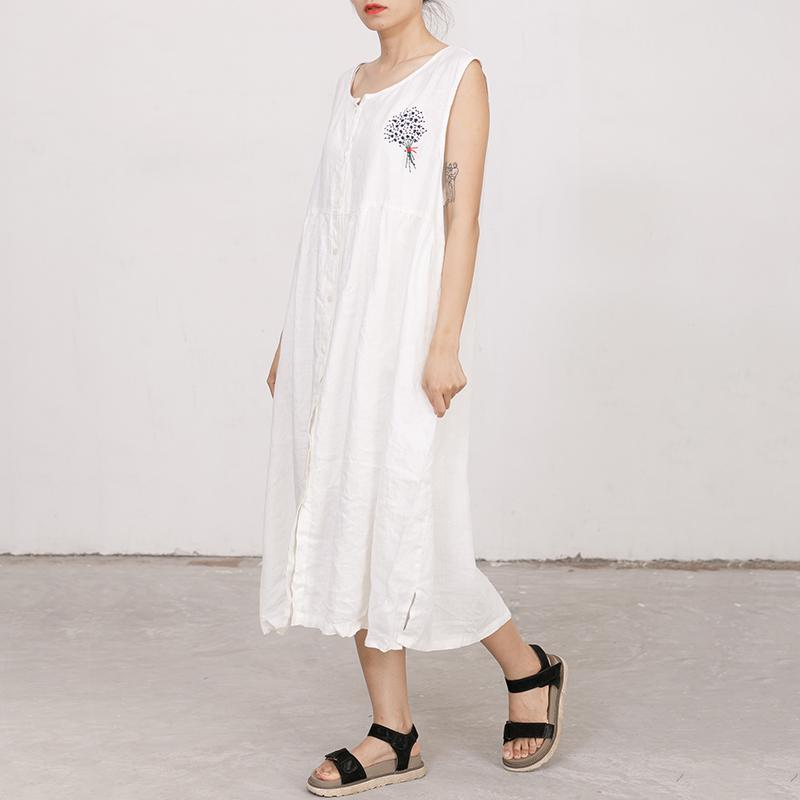 White Summer Sleeveless Embroidered Linen Dress