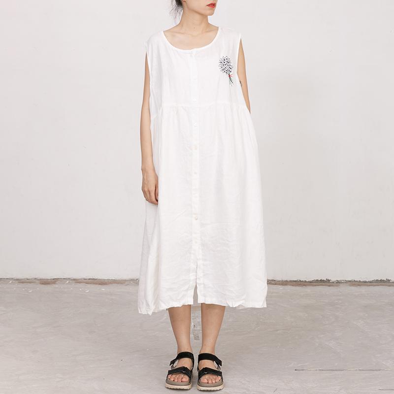 White Summer Sleeveless Embroidered Linen Dress