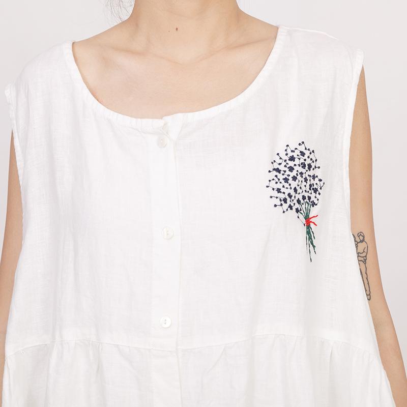 White Summer Sleeveless Embroidered Linen Dress