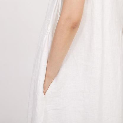 White Summer Sleeveless Embroidered Linen Dress