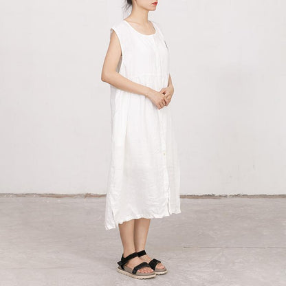White Summer Sleeveless Embroidered Linen Dress