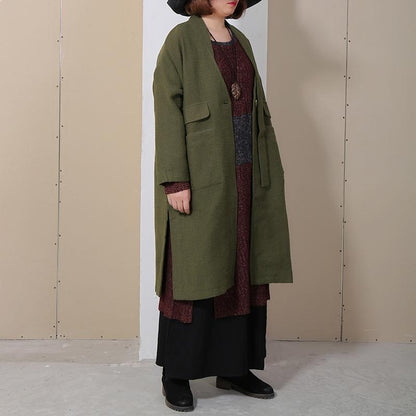 Winter Autumn Women Long Sleeve Side Slit Green Coat