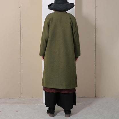 Winter Autumn Women Long Sleeve Side Slit Green Coat