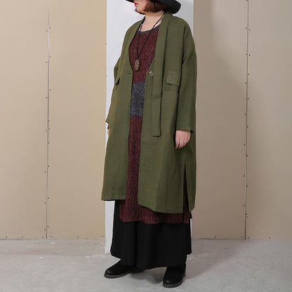 Winter Autumn Women Long Sleeve Side Slit Green Coat