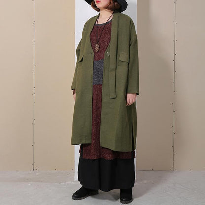 Winter Autumn Women Long Sleeve Side Slit Green Coat