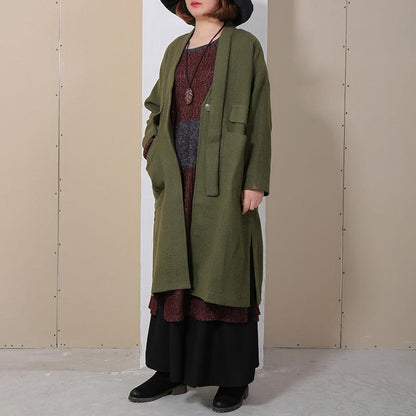 Winter Autumn Women Long Sleeve Side Slit Green Coat