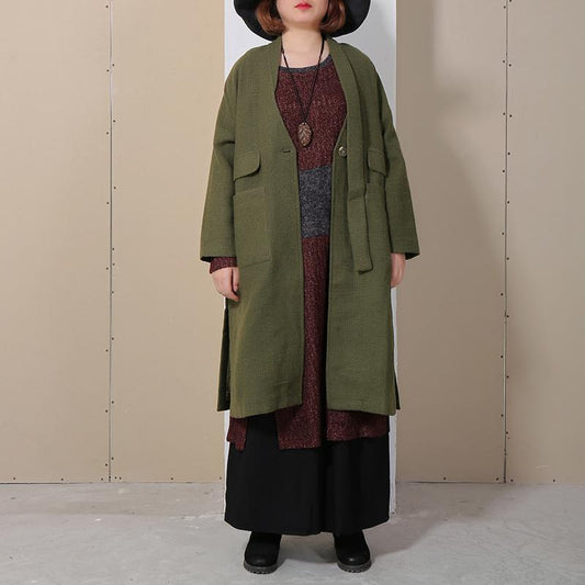Winter Autumn Women Long Sleeve Side Slit Green Coat