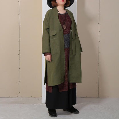 Winter Autumn Women Long Sleeve Side Slit Green Coat