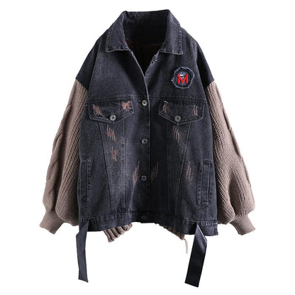 Winter Casual Knitting Stitching Denim Coat