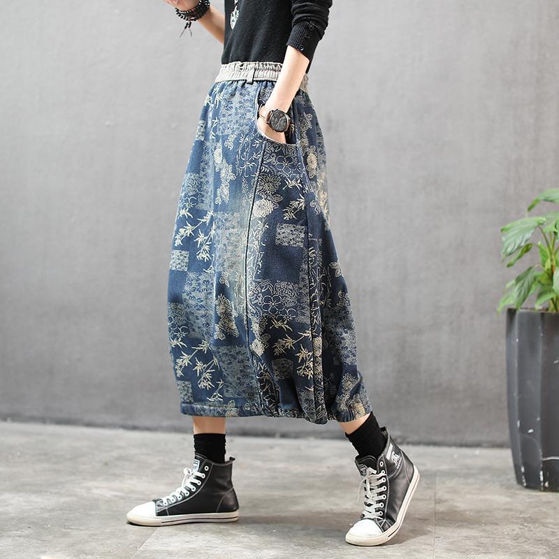 Winter Denim Printed Fleece Warm Skirt