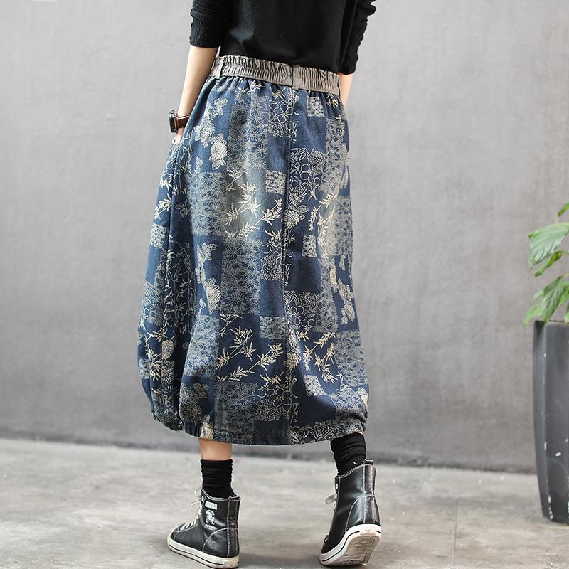 Winter Denim Printed Fleece Warm Skirt