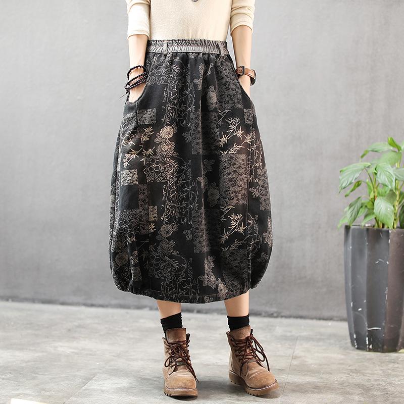 Winter Denim Printed Fleece Warm Skirt