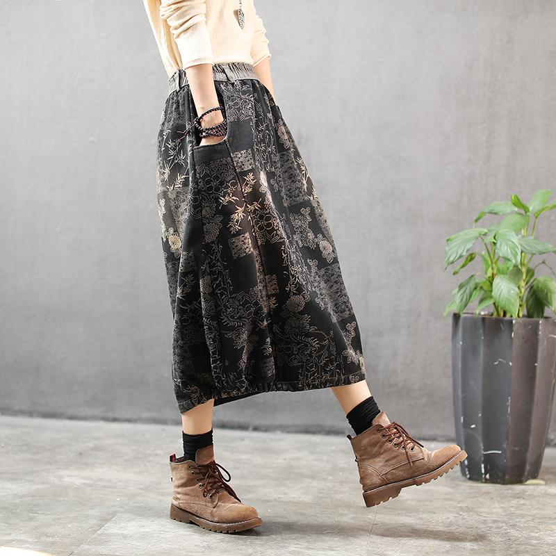 Winter Denim Printed Fleece Warm Skirt