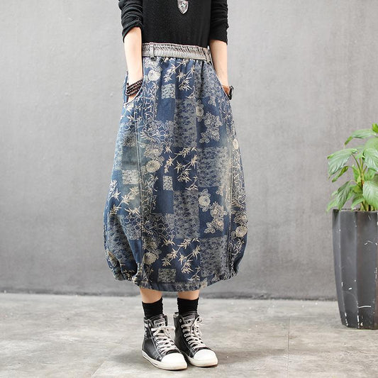 Winter Denim Printed Fleece Warm Skirt