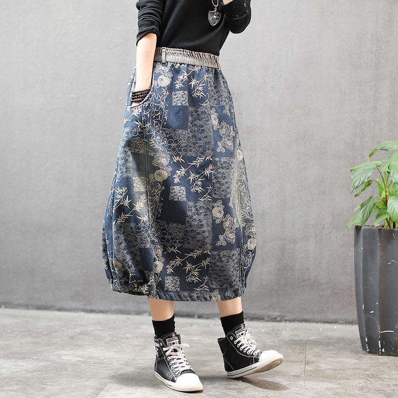 Winter Denim Printed Fleece Warm Skirt