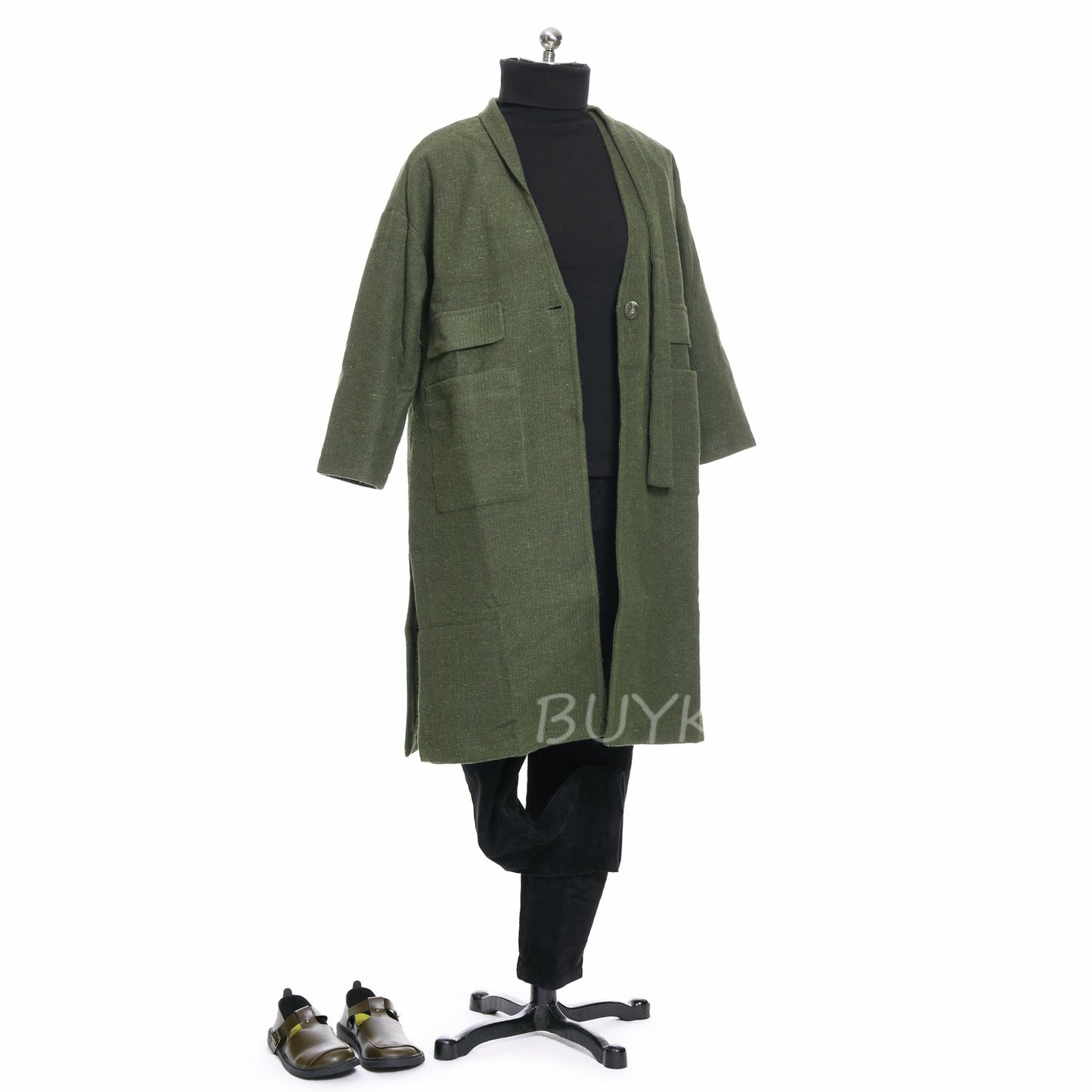 Winter Look with Turtleneck Blouse & Green Coat