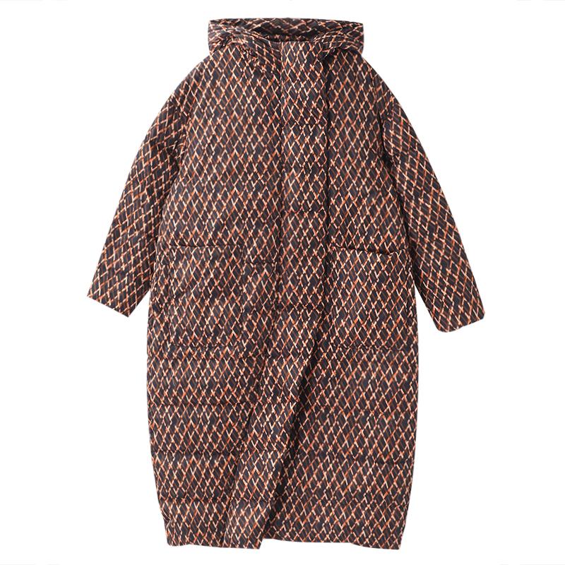 Winter Rhombus Printed Long Hooded Down Coat