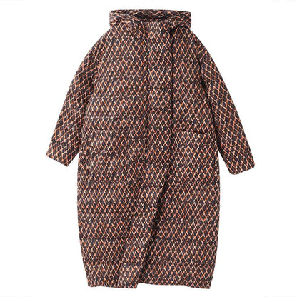 Winter Rhombus Printed Long Hooded Down Coat