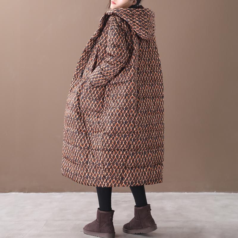 Winter Rhombus Printed Long Hooded Down Coat