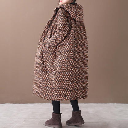 Winter Rhombus Printed Long Hooded Down Coat