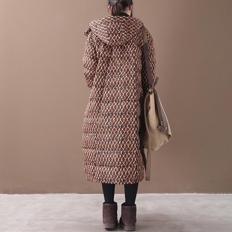Winter Rhombus Printed Long Hooded Down Coat