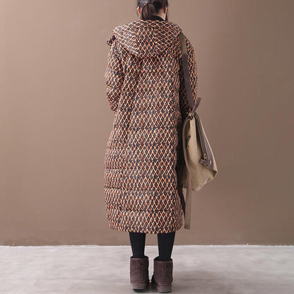 Winter Rhombus Printed Long Hooded Down Coat