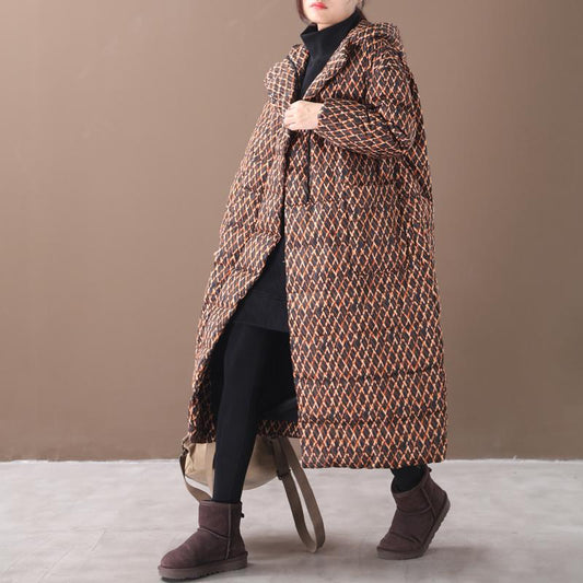 Winter Rhombus Printed Long Hooded Down Coat