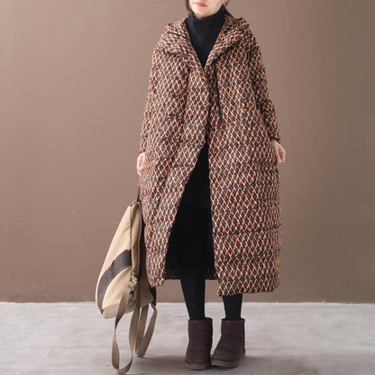 Winter Rhombus Printed Long Hooded Down Coat
