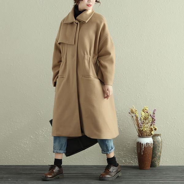 Women Autumn Winter Lapel Long Sleeve Casual Pleated Long Coat