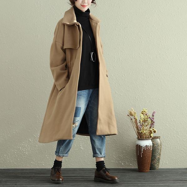 Women Autumn Winter Lapel Long Sleeve Casual Pleated Long Coat